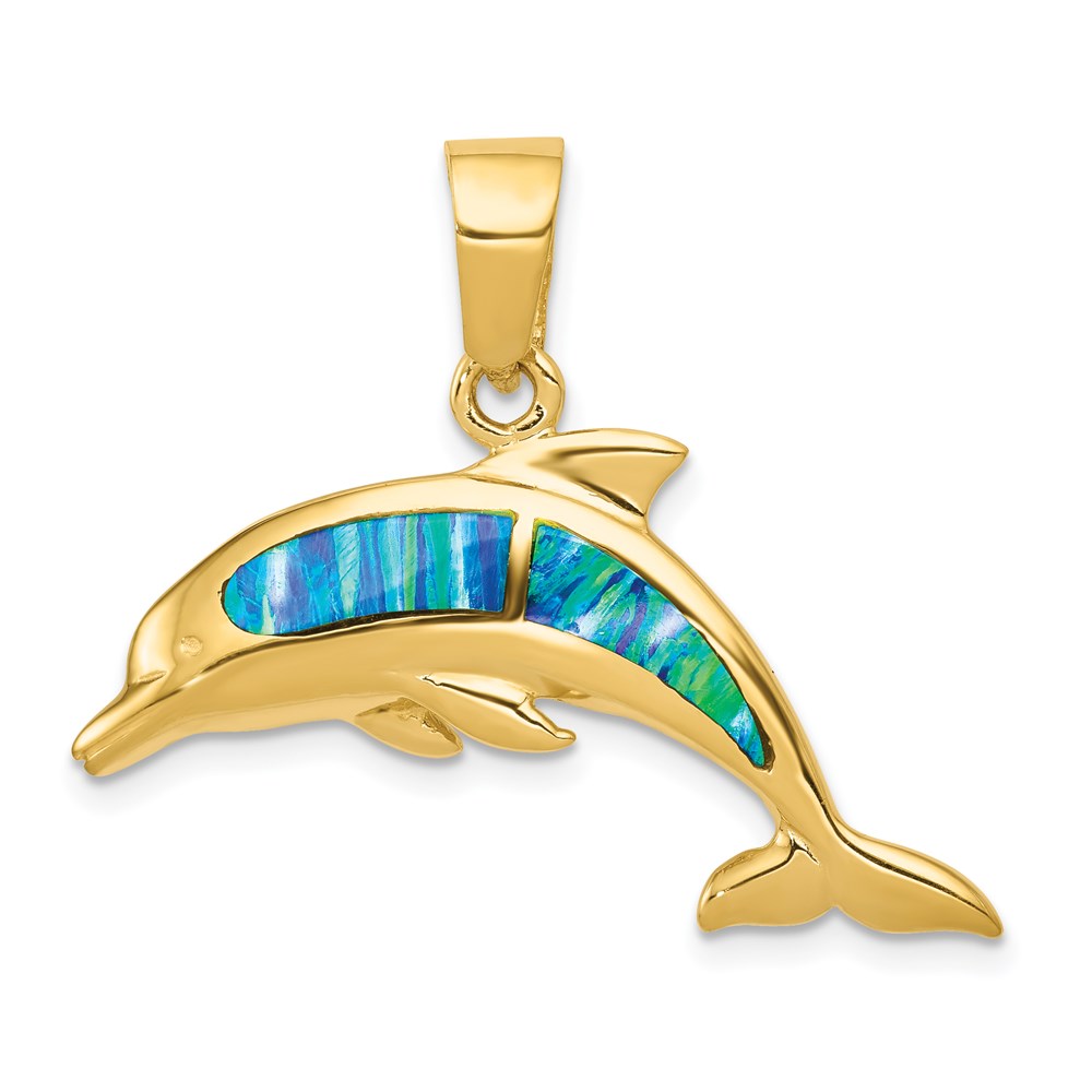 K317.jpg 14k Lab Created Opal Dolphin Pendant - Image 1