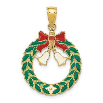 14k Enameled Christmas Wreath with Bells Pendant