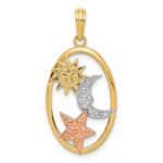 14k Two-tone with White Rhodium Sun/Moon/Star Oval Pendant