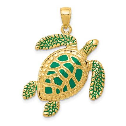 14k 3-D Green Enameled Sea Turtle Pendant