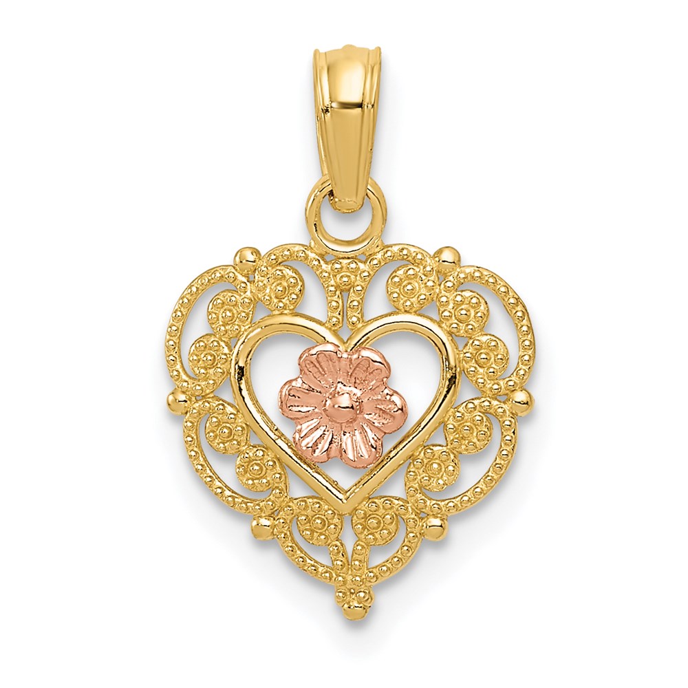 K4012.jpg 14K Two-tone Polished Flower in Fancy Border Heart Pendant - Image 1