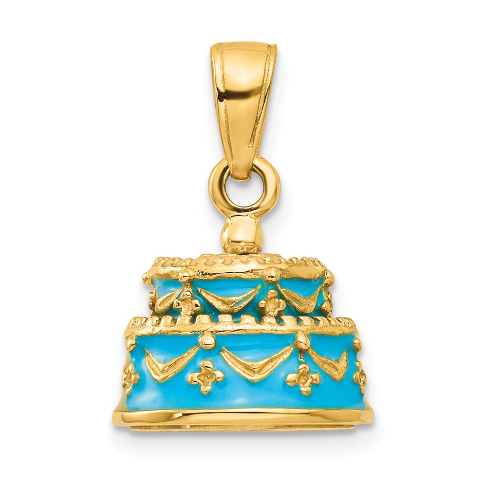 K4057.jpg 14K 3-D Aqua Blue Enameled HAPPY BIRTHDAY Cake Pendant - Image 1