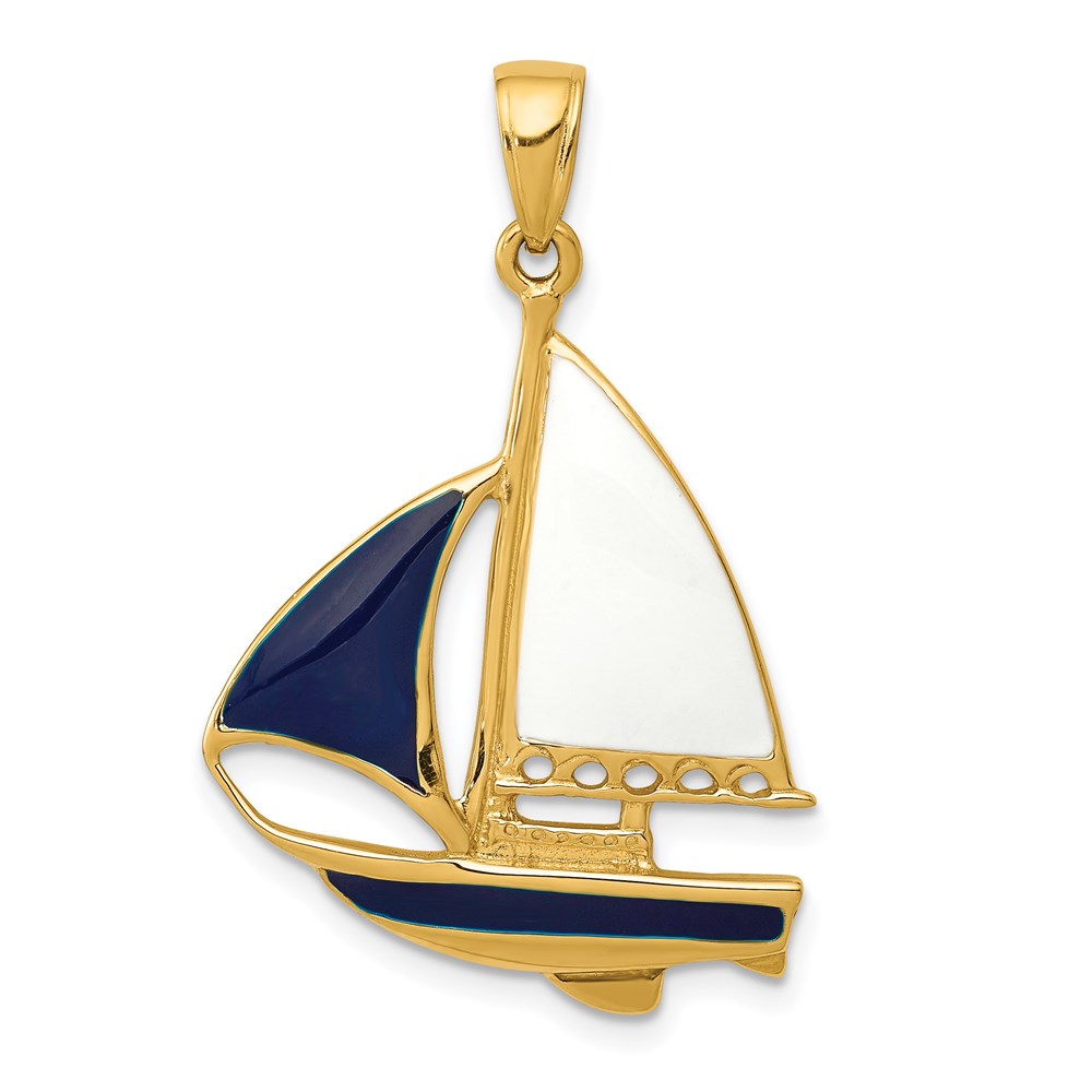 K4199.jpg 14K 2-D Blue and White Enameled Sailboat Pendant - Image 1