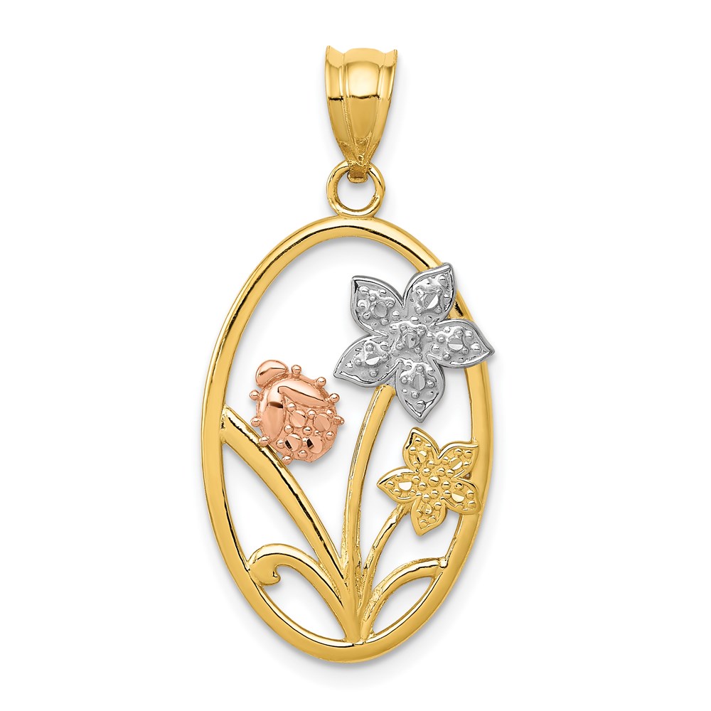 K4214.jpg 14k Two-tone with White Rhodium Diamond-cut Oval Floral Pendant - Image 1