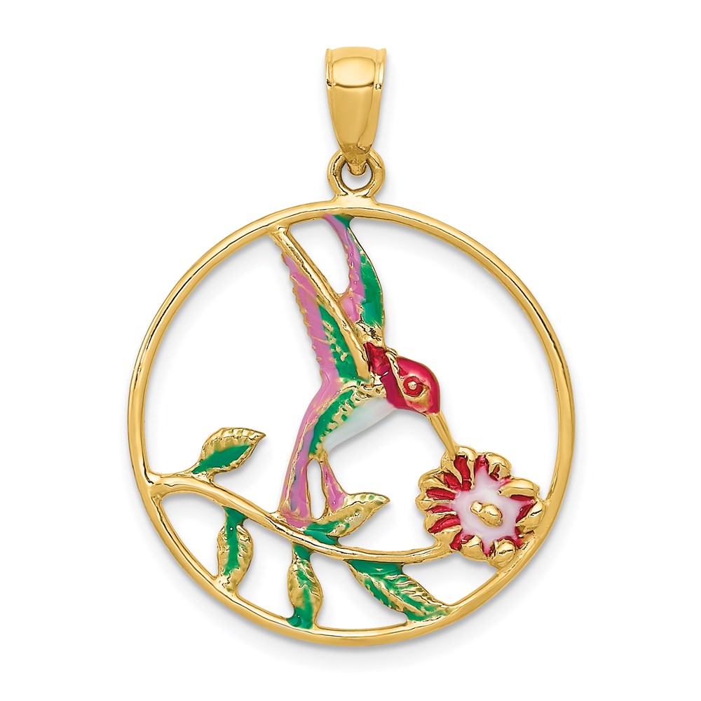 K4221.jpg 14K Enameled Hummingbird and Flower in Circle Pendant - Image 1