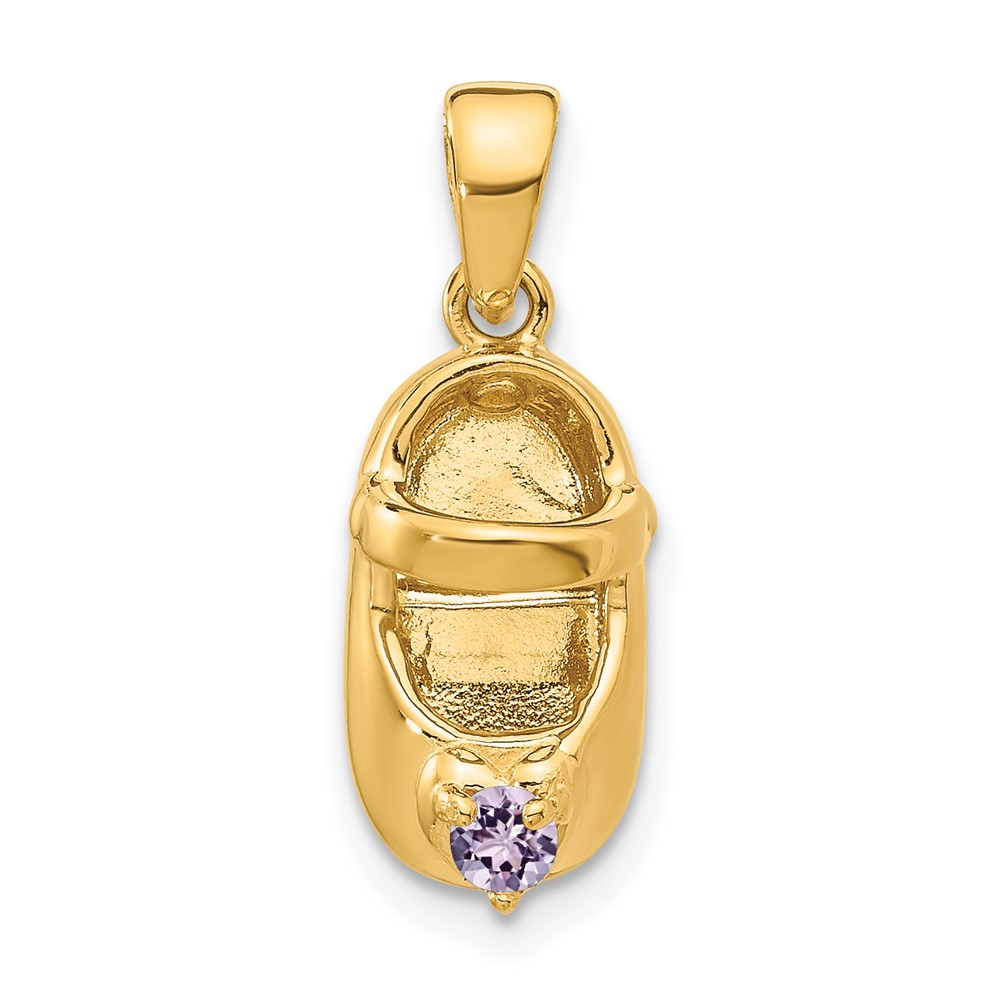 K4652JUN.jpg 14k 3-D June/Light Purple Synthetic Stone Engravable Baby Shoe Charm - Image 1
