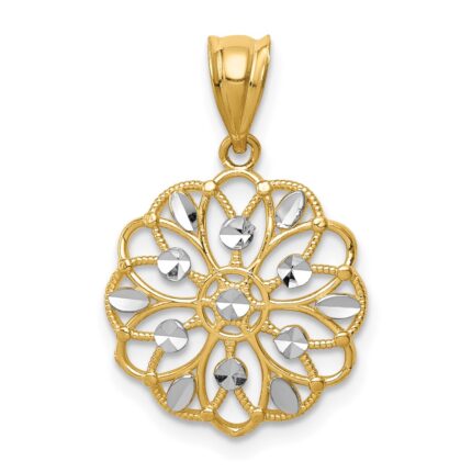 14K and White Rhodium Diamond-Cut Round Pendant
