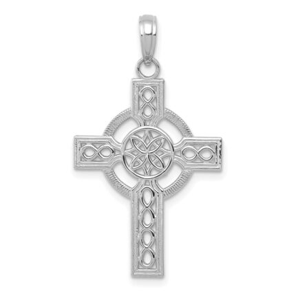 14K White Gold Diamond-cut Celtic Cross Pendant