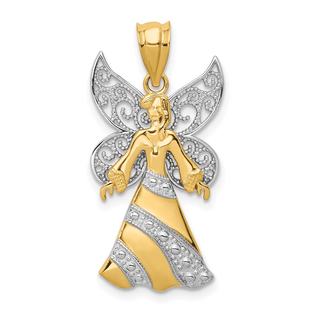 K5095.jpg 14KTwo-tone and White Rhodium Filigree Angel Pendant - Image 1