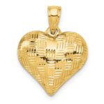 14K Polished Basket Weave Pattern 3-D Puffed Heart Pendant