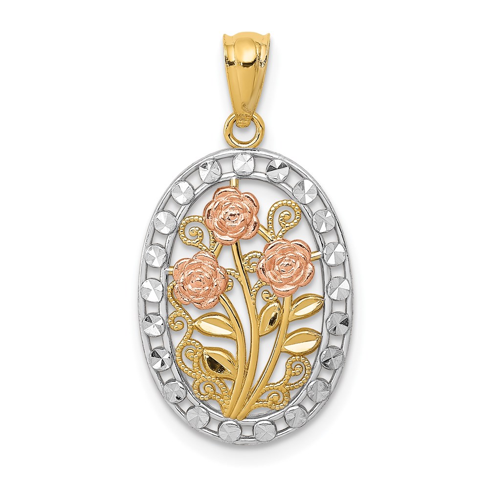 K5310.jpg 14k Yellow and Rose Gold with White Rhodium Oval 3 Rose Pendant - Image 1