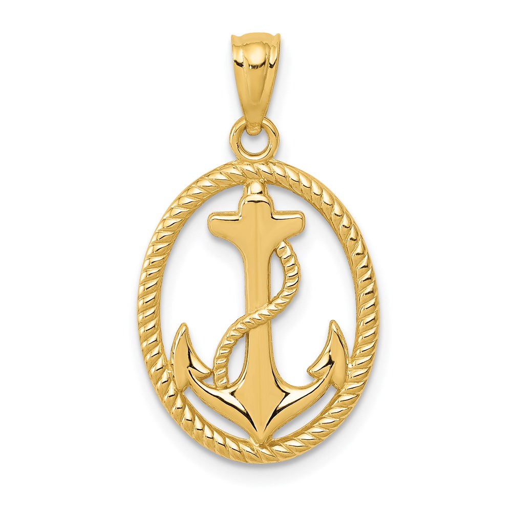 K5389.jpg 14k Gold Polished Anchor with Rope Oval Pendant - Image 1