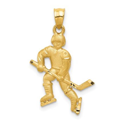 14K Satin Diamond-cut Hockey Player Pendant