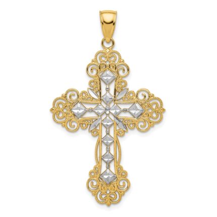 14K and White Rhodium Polished Textured Diamond-Pattern Cross Pendant