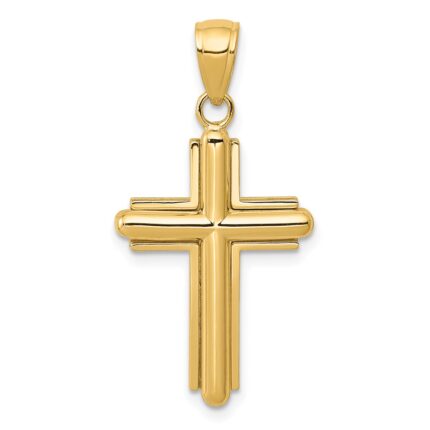 14K Polished Beveled Stick Cross with Frame Pendant