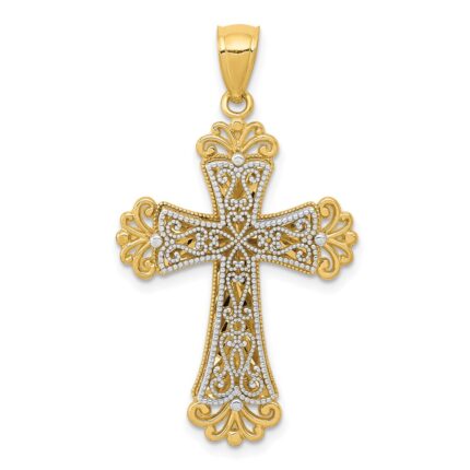 14K Two-tone Polished 2-Level Fleur de Lis Cross Pendant