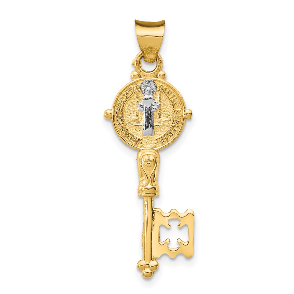 K5532.jpg 14k with White Rhodium Solid St. Benedict 2-Sided Cross Key Pendant - Image 1