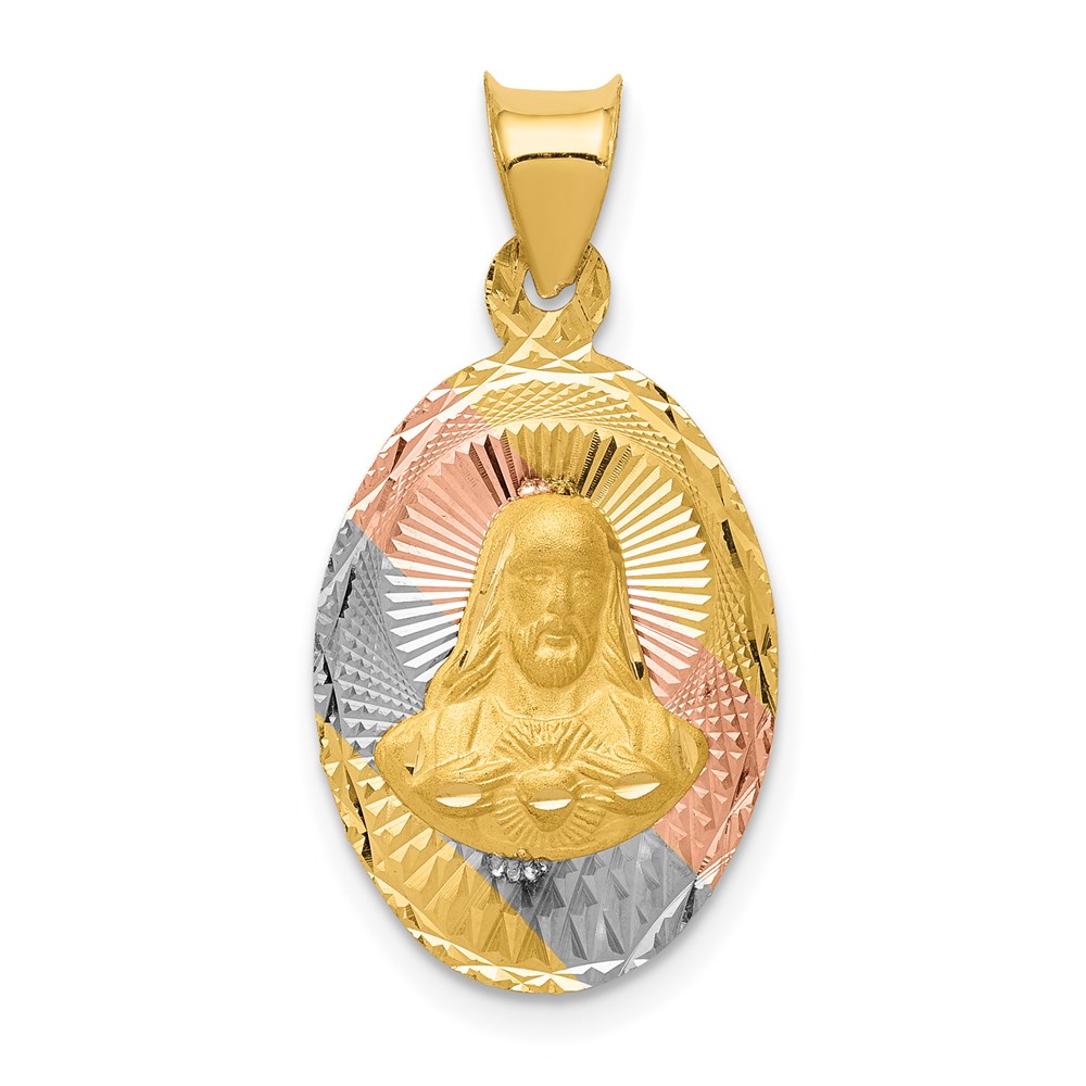 K5586.jpg 14K with Rose and White Rhodium Diamond-cut Solid Sagrado Corazon de Jesus Oval Pendant - Image 1
