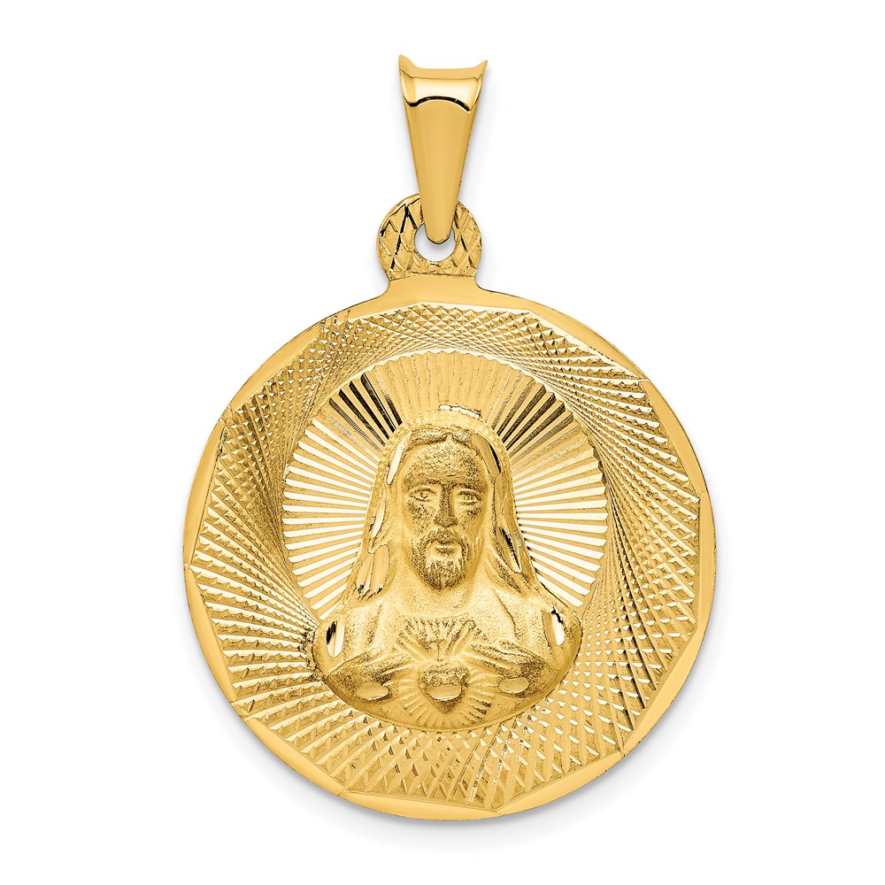 K5597.jpg 14K Polished Diamond-cut Large Solid Sagrado Corazon de Jesus Round Pendant - Image 1