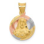 14K with Rose and White Rhodium Diamond-cut Solid Sagrado Corazon de Jesus Round Pendant