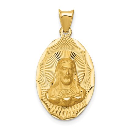 14K Polished Diamond-cut Solid Sagrado Corazon de Jesus Oval Pendant