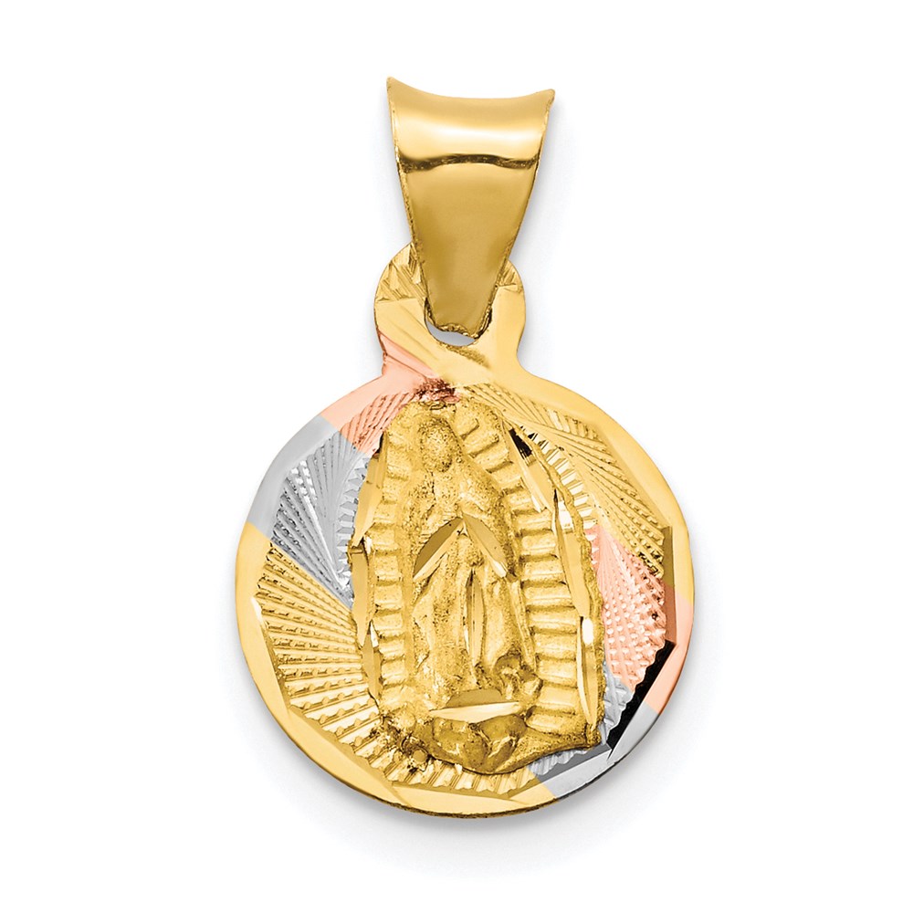 K5627.jpg 14K with Rose and White Rhodium Polished Diamond-cut Solid Our Lady Of Guadalupe Round Pendant - Image 1