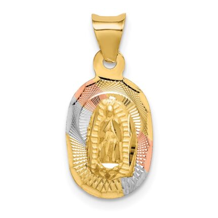 14K with Rose and White Rhodium Diamond-cut Solid Our Lady Of Guadalupe Oval Pendant