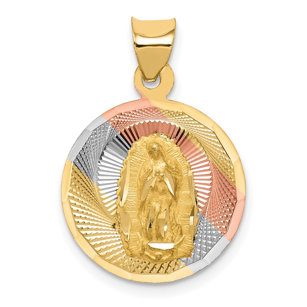 K5640.jpg 14K with Rose and White Rhodium Polished Diamond-cut Solid Our Lady Of Guadalupe Round Pendant - Image 1
