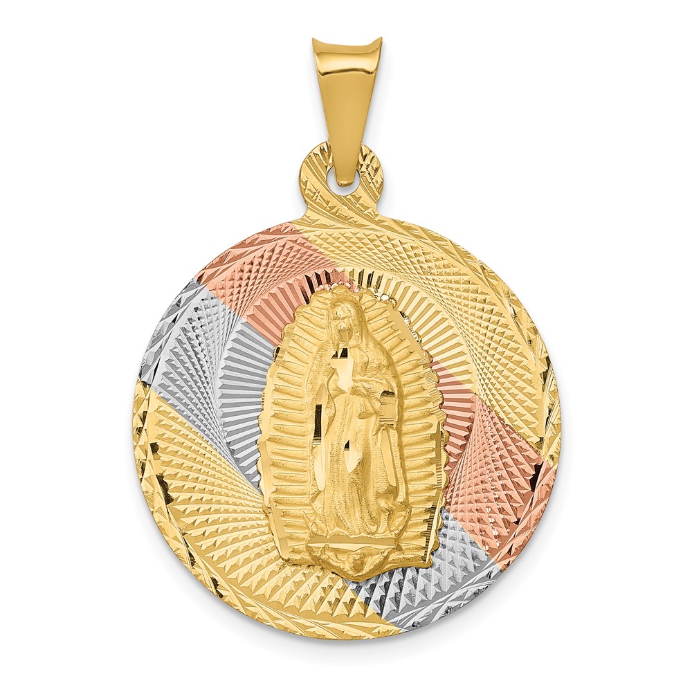 K5641.jpg 14K with Rose and White Rhodium Polished Diamond-cut Solid Our Lady Of Guadalupe Round Pendant - Image 1