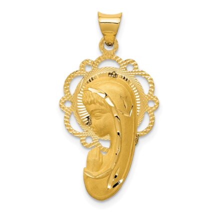 14k Satin and Polished Diamond-cut Virgin Mary Scalloped Edge Pendant