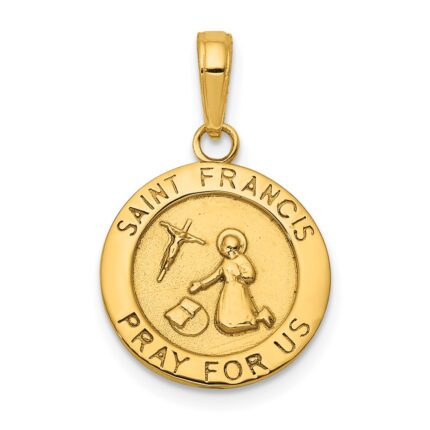 14K Polished Solid Saint Francis Medal Round Pendant