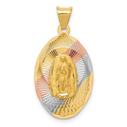 14K with Rose and White Rhodium Diamond-cut Solid Our Lady Of Guadalupe Oval Pendant
