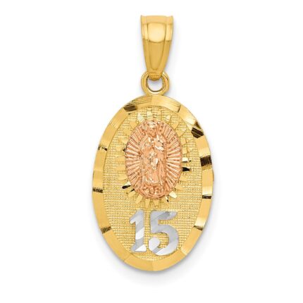 14k Two-tone with White Rhodium Diamond-cut Our Lady of Guadalupe with 15 Pendant
