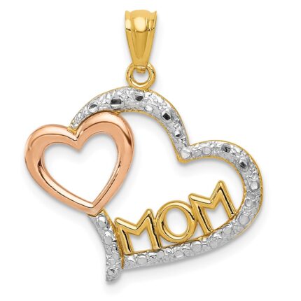 14k Two-tone with White Rhodium Diamond-cut MOM Heart Pendant