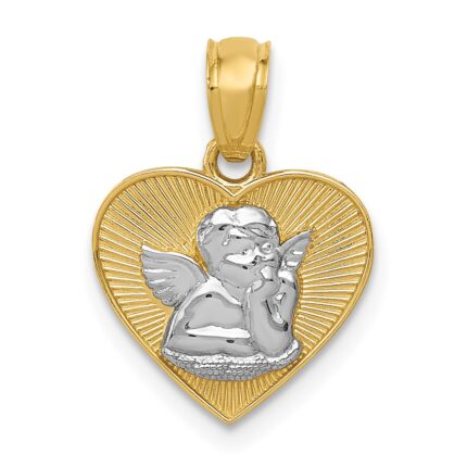 14k and White Rhodium Polished Guardian Angel in Heart Pendant