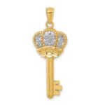 14K and White Rhodium Polished Fleur De Lis Crown Key Charm