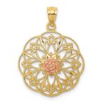 14k Two-tone Polished Rose in Round Filigree Charm