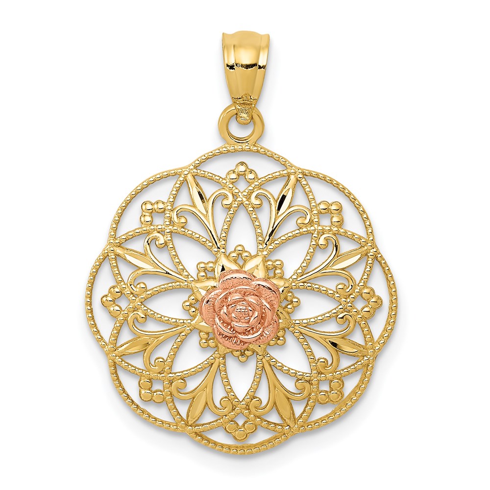 K5949.jpg 14k Two-tone Polished Rose in Round Filigree Charm - Image 1