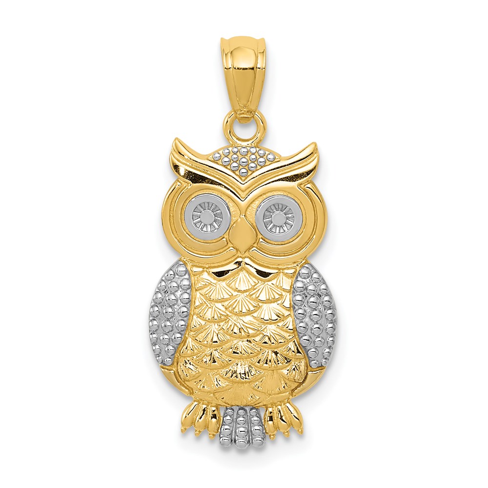 K5978.jpg 14K and White Rhodium Polished and Textured Owl Pendant - Image 1