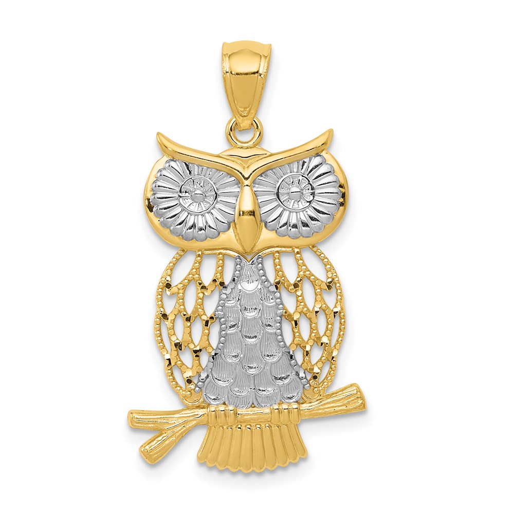 K5979.jpg 14k and White Rhodium Diamond-cut Polished Moveable Owl Pendant - Image 1