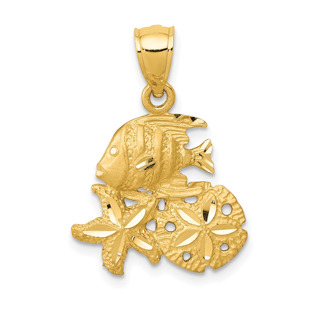 K6054.jpg 14k Satin Diamond-cut Fish, Starfish and Sand Dollar Pendant - Image 1