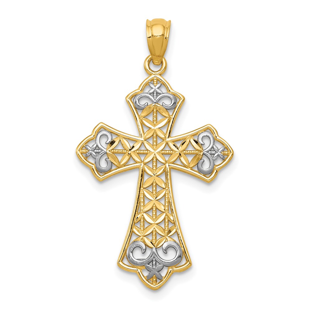 K6176.jpg 14k and White Rhodium Polished Diamond-cut Filigree Cross Pendant - Image 1