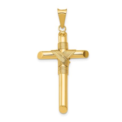 14K Polished with Center Wrap Tube Cross Pendant
