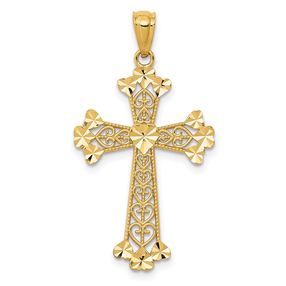 K6241.jpg 14k Diamond-cut Polished Filigree Hearts Cross Pendant - Image 1