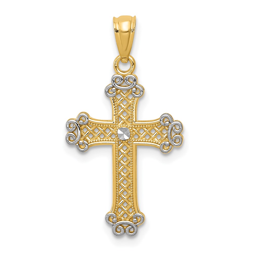 K6266.jpg 14k with White Rhodium Diamond-cut Filigree Cross Pendant - Image 1
