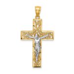 14K Two-Tone Satin Polished Diamond-cut Crucifix with Vines Pendant