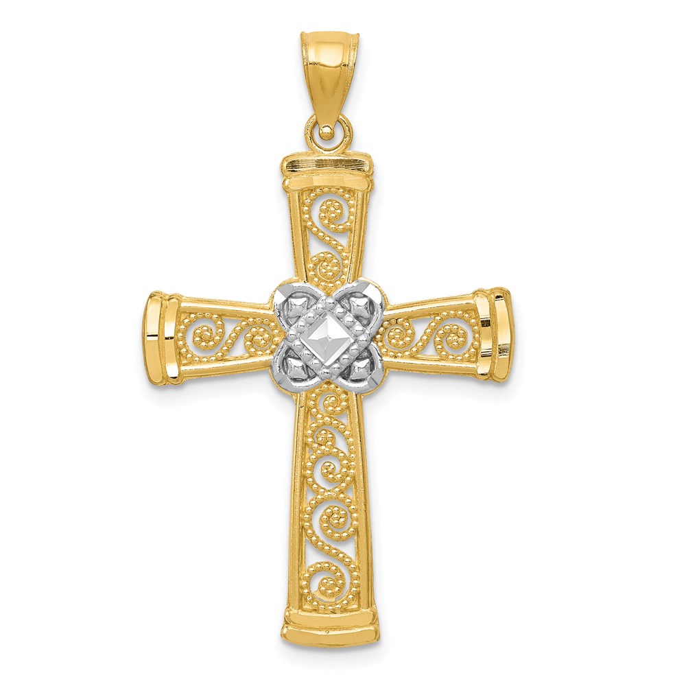 K6321.jpg 14k and White Rhodium Diamond-cut Filigree Cross Pendant - Image 1