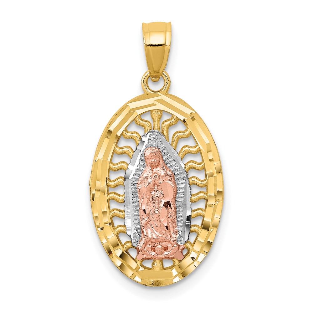 K6349.jpg 14K Two-tone with White Rhodium Diamond-cut Our Lady of Guadalupe Oval Charm - Image 1
