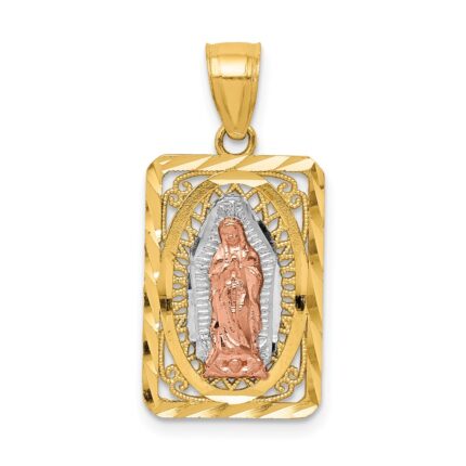 14k Two-tone with White Rhodium Diamond-cut Our Lady of Guadalupe Rectangular Pendant