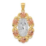 14K Two-Tone with White Rhodium Our Lady Of Guadalupe with Flowers Oval Pendant